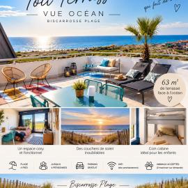 Une des plus belles vues de Biscarrosse Plage Terrasse panoramique de 63 m2 face ocean vue mer exceptionnelle plage a pied emplacement unique parking gratuit