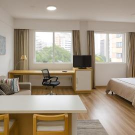 Flat Central em Alphaville com cama Queen, cozinha e vaga na garagem