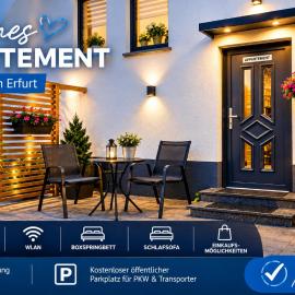 Modernes Appartement nur 5 km von Erfurt, stilvoll komfortabel und perfekt angebunden, Kaffeevollautomat, TV, WLAN, Schlafsofa und Einkaufsmöglichkeiten in der Nähe, hervorragende Anbindung zur A4 und A71, kostenlose öff Parkplätze für PKW und Transporter, Hotel in Elxleben