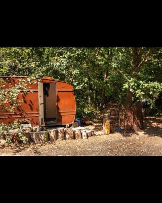 little vintage caravan with cosy log burner
