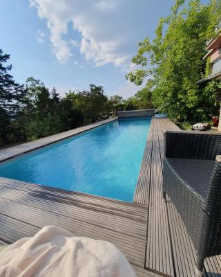 Aussichtszimmer mit modernem Glasbad und Balkon