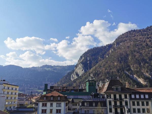 Interlaken Marco Hostel : photo 5 de la chambre chambre double avec vue sur la montagne et salle de bains commune