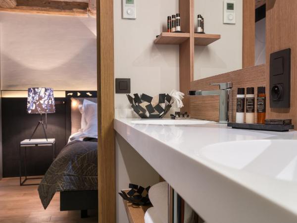 Les Loges Annecy Vieille Ville : photo 6 de la chambre appartement de luxe en duplex avec cheminée et douche spa