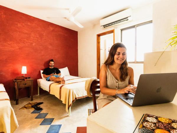 Che Nomadas Mérida Hostel Adults Only : photo 2 de la chambre chambre double avec 2 lits doubles et vue sur le jardin