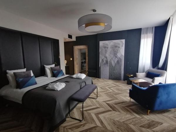 Mercure Figeac Viguier du Roy : photo 1 de la chambre suite deluxe avec 1 lit double et un canapé