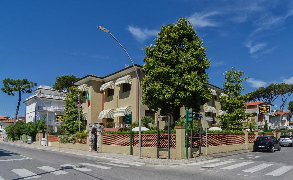 un bâtiment sur le côté d'une rue avec un arbre dans l'établissement Hotel Giardino, à Lido di Camaiore