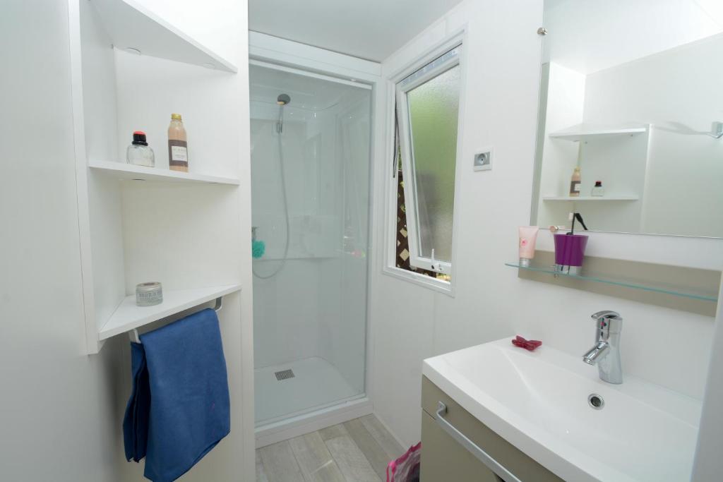 une salle de bain blanche avec une douche et un lavabo dans l'établissement Camping Le Parc, à Saint-Paul-en-Forêt