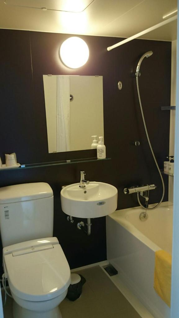 une salle de bain avec toilettes, lavabo et miroir dans l'établissement Nezame Hotel, à Agematsu 18 autres photos