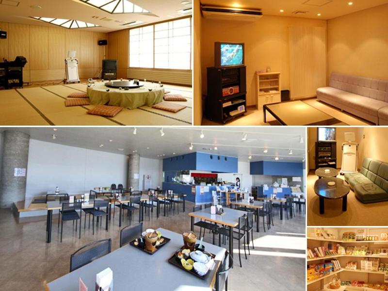 deux photos d'un restaurant avec des tables et des chaises dans l'établissement Tokachi Nauman Onsen Hotel arco, à Makubetsu