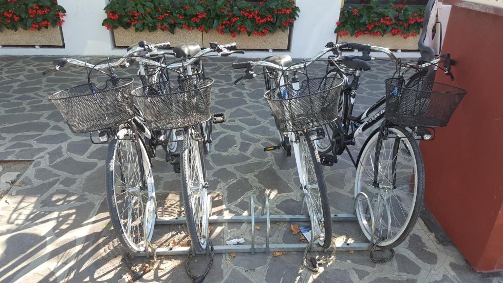 deux vélos avec des paniers sont garés à côté d'un bâtiment dans l'établissement Hotel Corallo, à Francavilla al Mare