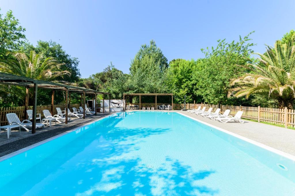 une grande piscine avec des chaises et des arbres dans l'établissement Hotel La Bussola, à Marina di Massa