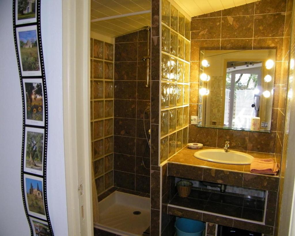 une salle de bain avec un lavabo et un miroir dans l'établissement Domaine du bois gîte Marion, à Galargues