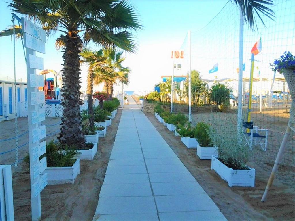 un trottoir avec des palmiers et des plantes sur une plage dans l'établissement Hotel T Depandance, à Rimini