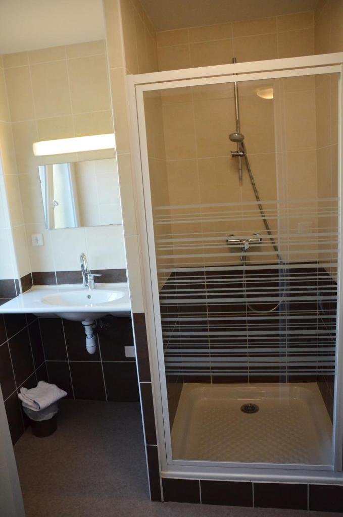 une salle de bain avec une douche en verre avec un lavabo dans l'établissement Hôtel de France, à Le Bessat
