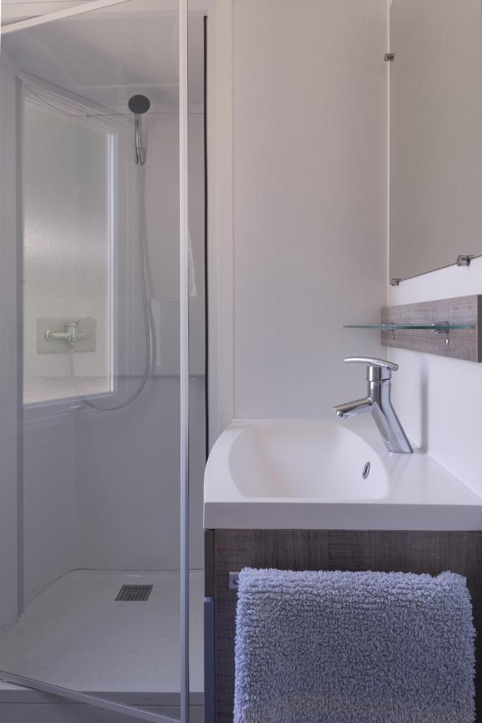 La salle de bains est pourvue d'une douche, d'un lavabo et d'un lavabo. dans l'établissement Centro Vacanze Isuledda, à Cannigione