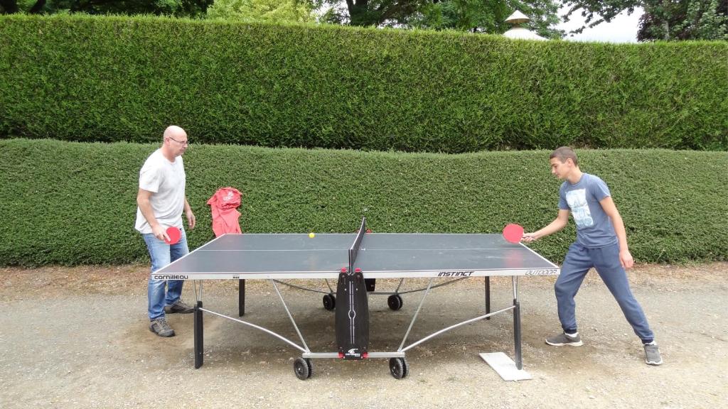 2 hommes jouant au ping-pong sur une table de ping-pong dans l'établissement Camping les Tournesols, à Sillé-le-Guillaume