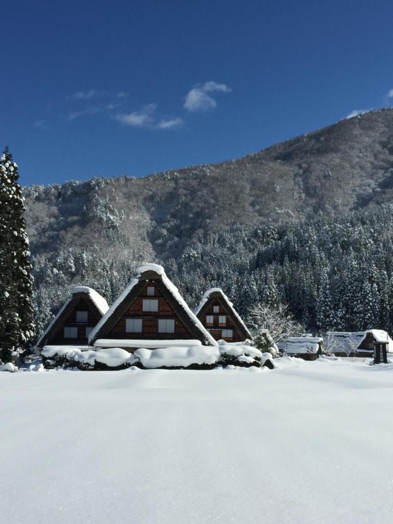 un groupe de bâtiments dans la neige avec une montagne dans l'établissement 天然温泉白川郷の湯, à Shirakawa-gō