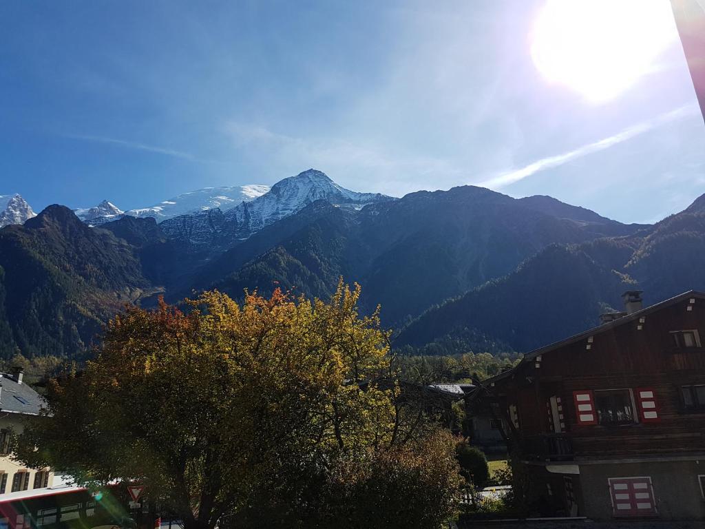 - une vue sur une chaîne de montagnes avec un arbre et des bâtiments dans l'établissement Studio d'Anaite, aux Houches 9 autres photos