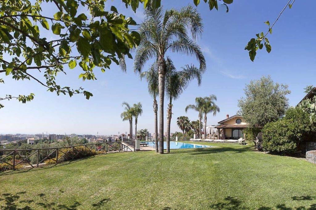 une cour avec une piscine et des palmiers dans l'établissement Casa Dimora Vittoria, à Catane