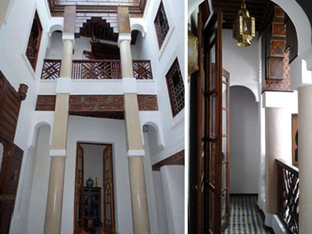 deux photos d'un bâtiment avec un couloir et une porte dans l'établissement Dar Eva, à Fès