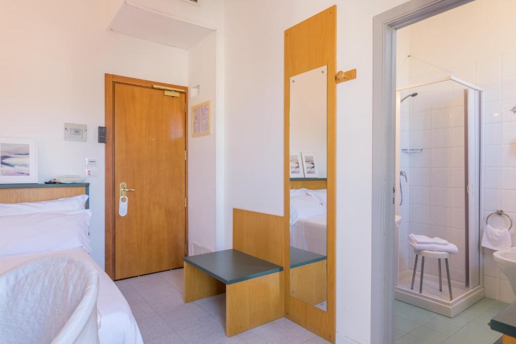 une chambre avec un lit et une salle de bain avec douche dans l'établissement Hotel Sole, à Montesilvano