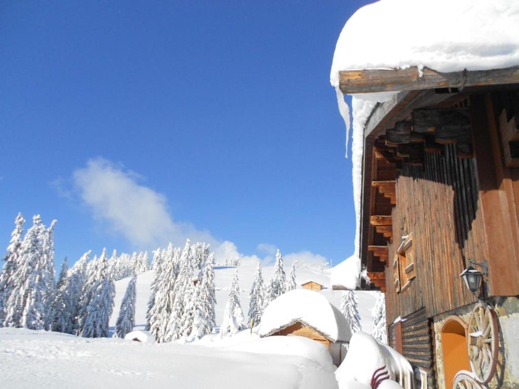 un bâtiment recouvert de neige avec des arbres en arrière-plan dans l'établissement La Vieille Ferme, à Manigod 37 autres photos