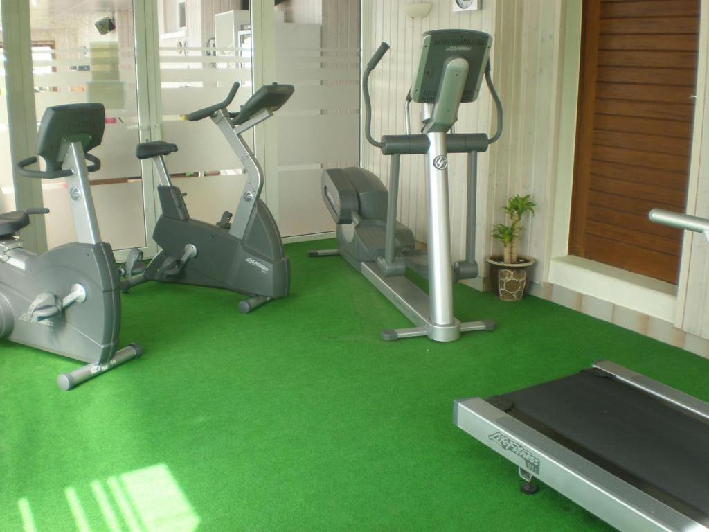 - une salle de sport avec plusieurs vélos d'exercice et un tapis de course dans l'établissement Hôtel Les Soldanelles, à La Toussuire
