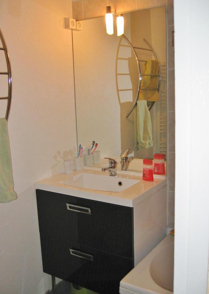 une salle de bain avec un lavabo et un miroir dans l'établissement Studio pied de pistes avec place de parking privé extérieure LA MONGIE TOURMALET - Pic du midi, à La Mongie