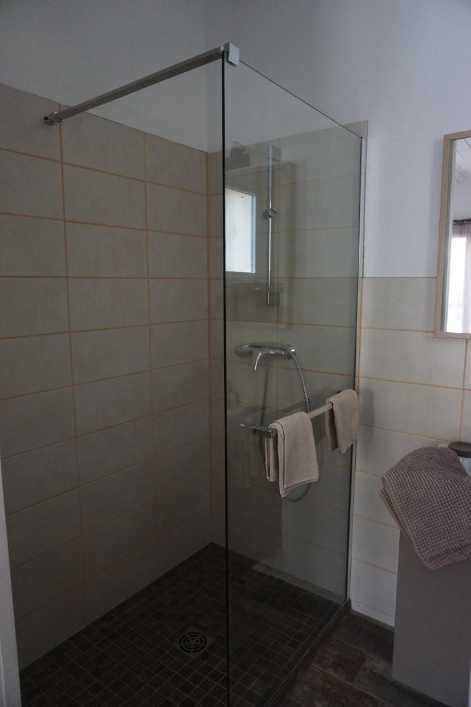une douche avec une porte vitrée dans une salle de bain dans l'établissement La belle histoire Gîte Montmirail, à Bédoin