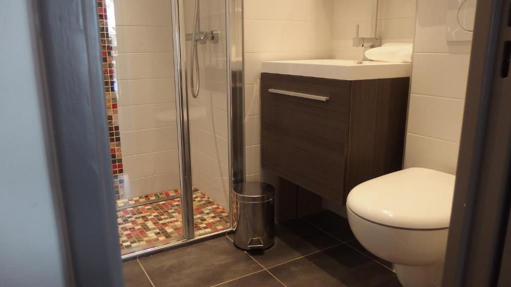 une salle de bain avec une douche, des toilettes et un lavabo dans l'établissement A21 Roc de Péclet, à Val Thorens 23 autres photos