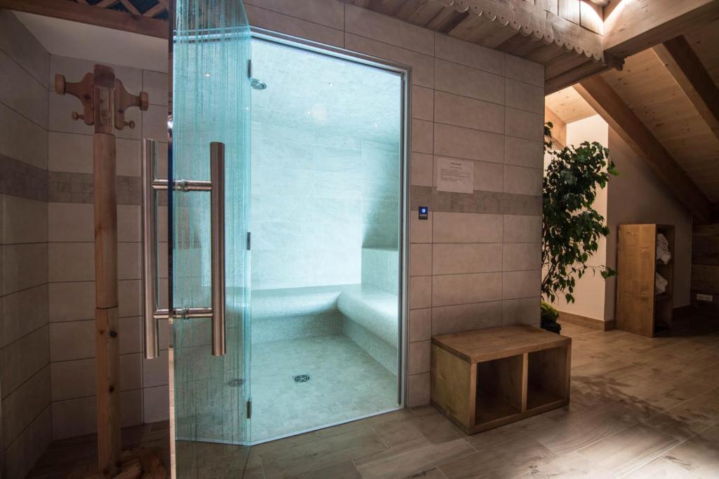 une douche avec une porte vitrée dans une salle de bain dans l'établissement Le Relais du Petit Saint Bernard, à La Rosière