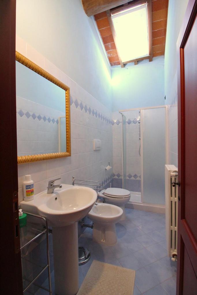 une salle de bain avec un lavabo, des toilettes et un miroir dans l'établissement Galleria di Brolio, à Castroncello