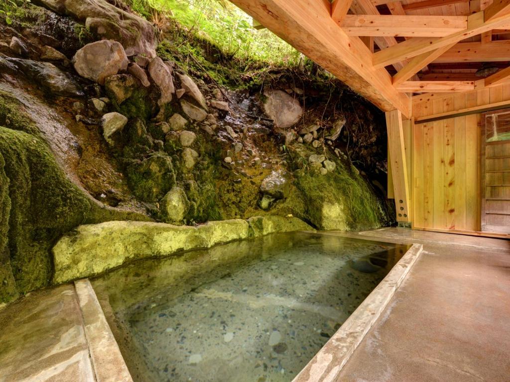 une mare d'eau devant un mur de pierre dans l'établissement Kashiwaya Ryokan, à Tenei