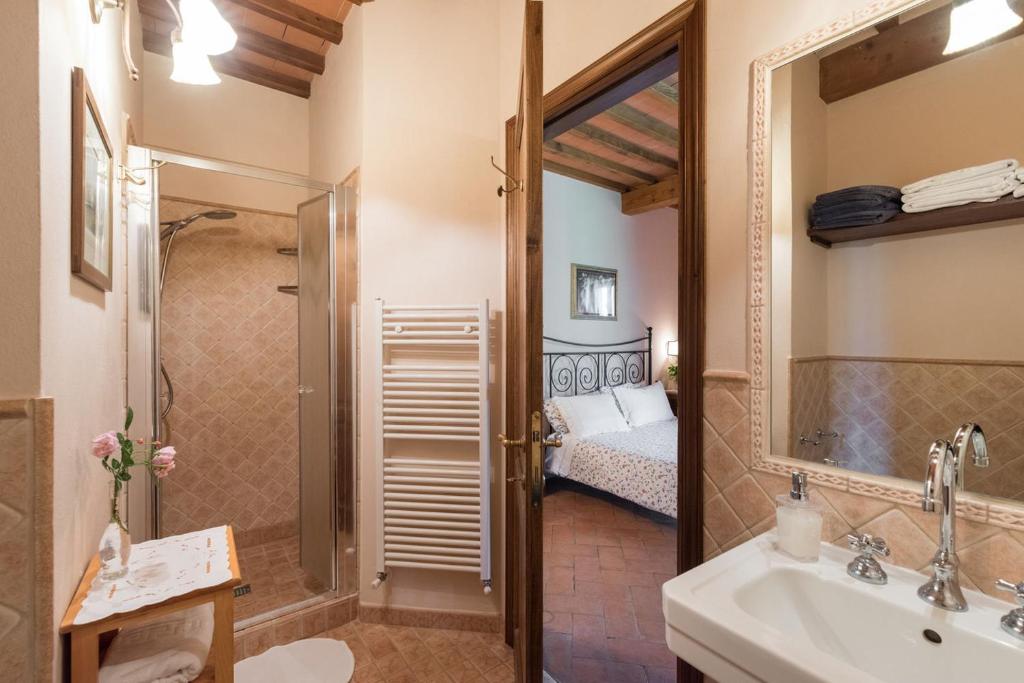 une salle de bain avec une douche, un lavabo et un miroir dans l'établissement La Sassaia, à Carmignano