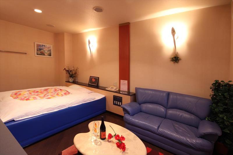 une chambre d'hôtel avec un lit et un canapé dans l'établissement Hotel Kyoto (Adult Only), à Zentsuji 5 autres photos