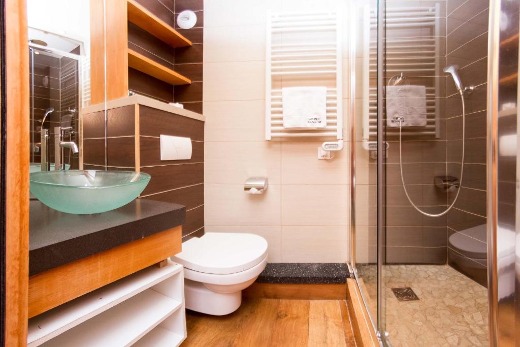 une salle de bain avec un lavabo, des toilettes et une douche dans l'établissement Les Balcons du Savoy 104 appt - Chamonix All Year, à Chamonix-Mont-Blanc