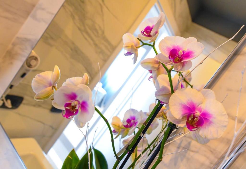 Une bande de fleurs roses dans un vase dans l'établissement Hotel Ristorante Fortuna, à Cavallino-Treporti