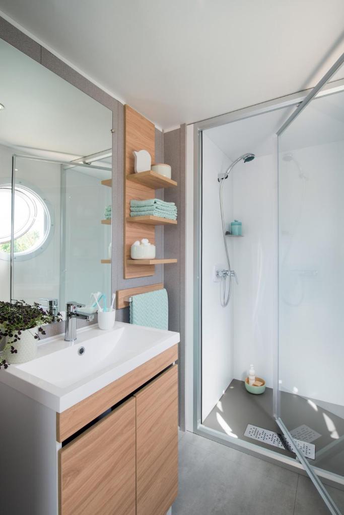 une salle de bain avec un lavabo et une douche dans l'établissement Paradis Des Dombes, à Sandrans