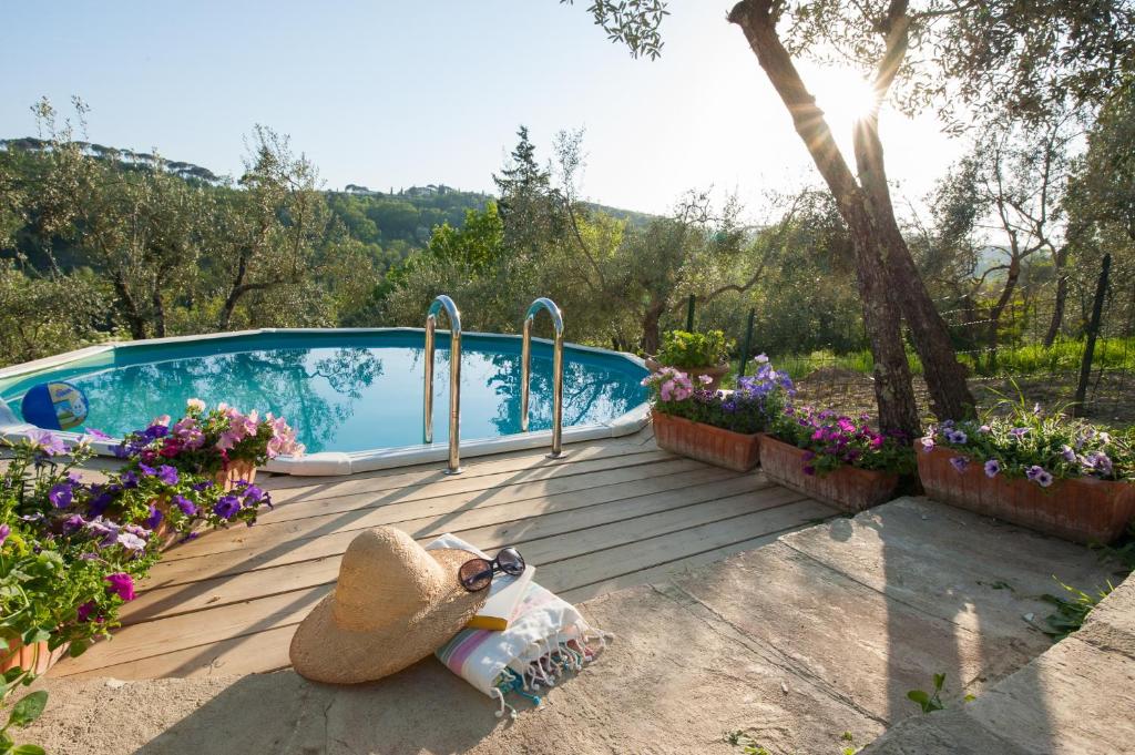 une terrasse avec une piscine et quelques fleurs dans l'établissement Chiantivillas Villa Torricella, 27, à Tavarnuzze