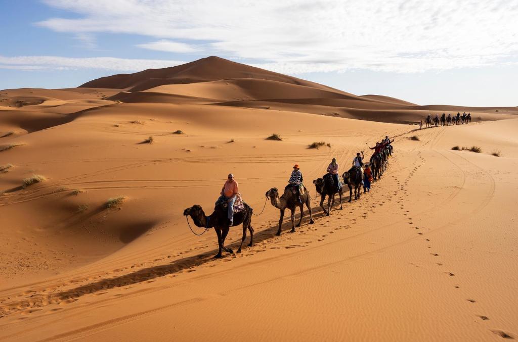 Un groupe de gens à dos de chameau dans le désert dans l'établissement Riad Raouia HAMMAM & SPA, à Fès