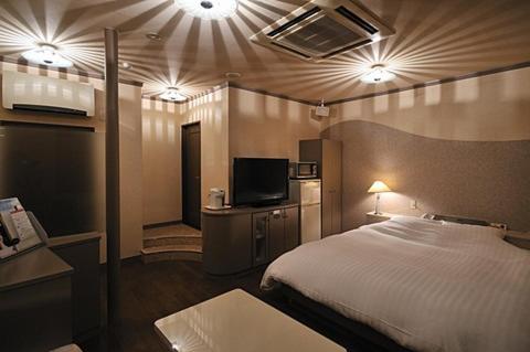 une chambre d'hôtel avec un lit et une télévision dans l'établissement Aube - 大人専用, à Konzōji
