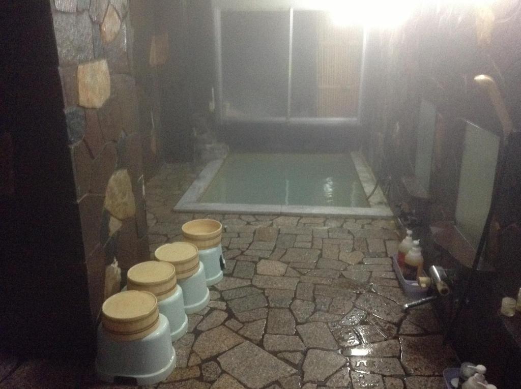 une salle de bains avec une rangée de toilettes et une piscine dans l'établissement Kadowakikan, à Nozawa Onsen