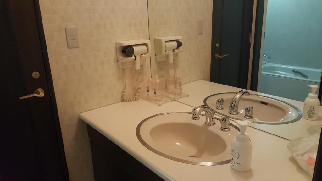 une salle de bain avec un lavabo et un miroir dans l'établissement Hotel Sango (Adult only), à Muroran 51 autres photos