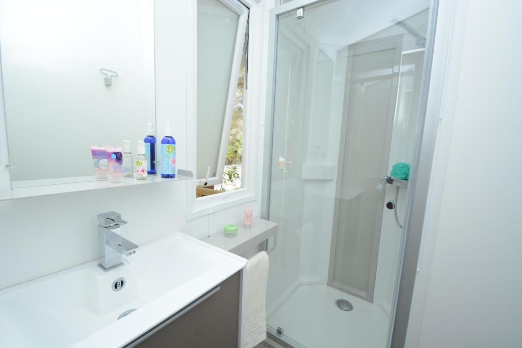 une salle de bain avec une douche, un lavabo et des toilettes dans l'établissement Camping les Playes, à Six-Fours-les-Plages
