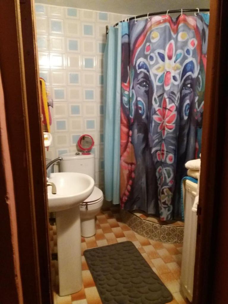 une salle de bain avec toilettes et rideau de douche dans l'établissement Riad Kainos, à Marrakech