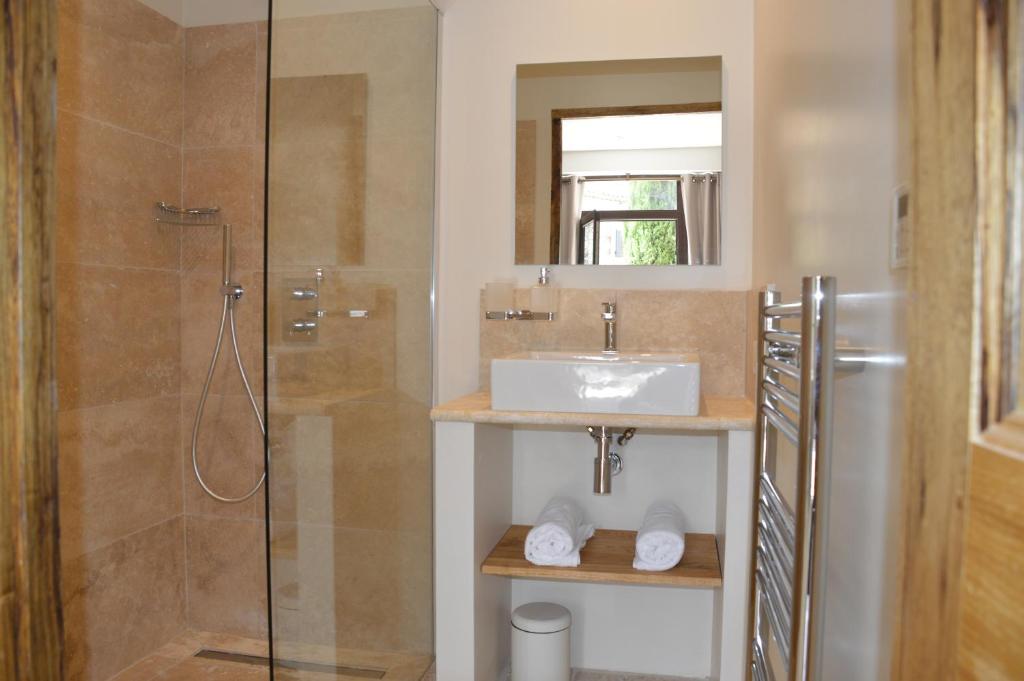 une salle de bain avec un lavabo et une douche dans l'établissement Les Gîtes Du Clos D'Olea, à Oppède 35 autres photos