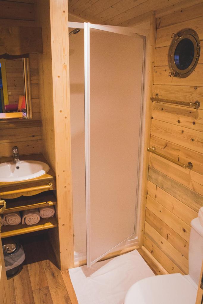 une salle de bain avec douche et lavabo dans l'établissement L'Escale des Châteaux de la Loire, à Angé