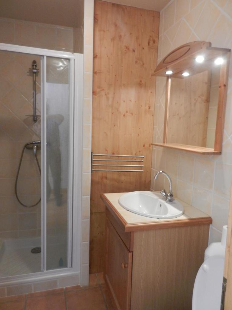une salle de bain avec un lavabo et une douche dans l'établissement appartement T2 LES HOUCHES Pied des Pistes, aux Houches