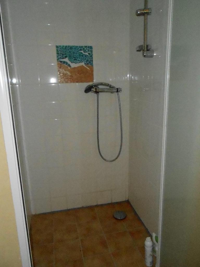 une douche dans une salle de bain avec une porte vitrée dans l'établissement Les Soleillas pour votre zen'ittude, à Chalencon