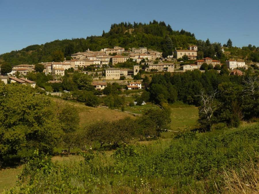 un village au sommet d'une colline avec des maisons dans l'établissement Les Soleillas pour votre zen'ittude, à Chalencon
